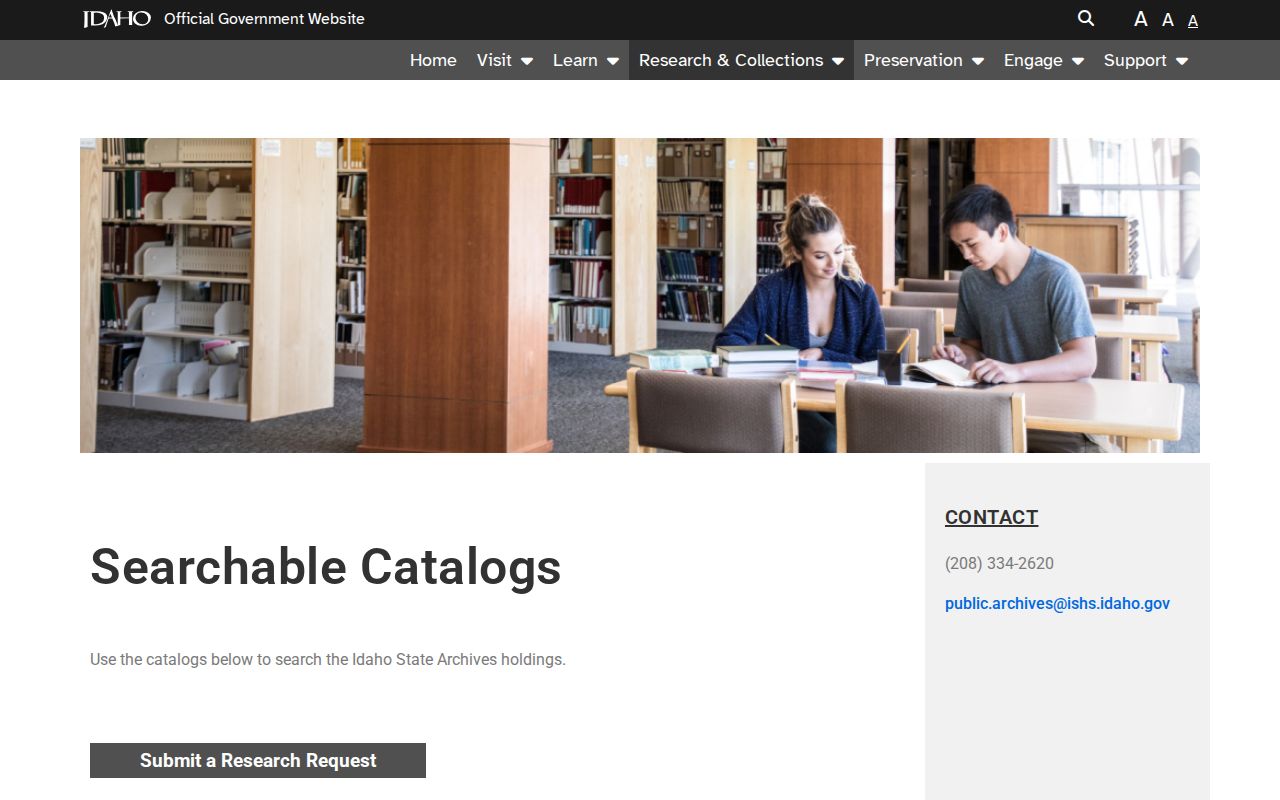Idaho State Archives catalog, newspaper, research library, and digitized collection links