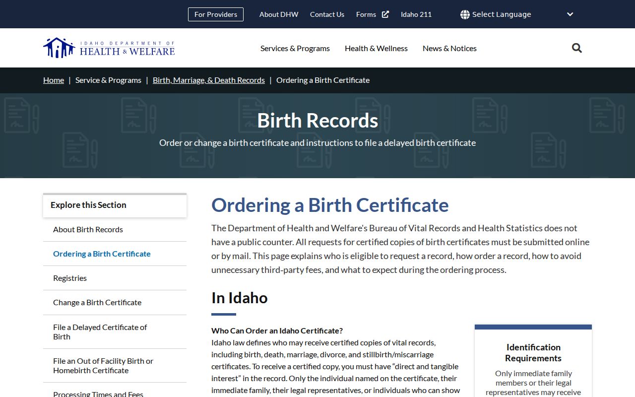 Ada County residents directory Idaho birth certificate order