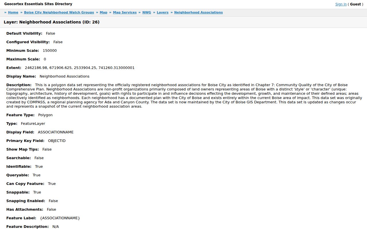 Boise registered neighborhood polygon metadata with association name and query fields