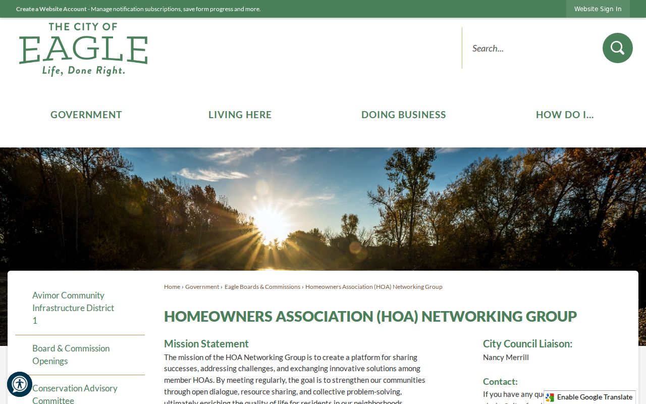 City of Eagle HOA Networking Group contact and meeting information for neighborhood research