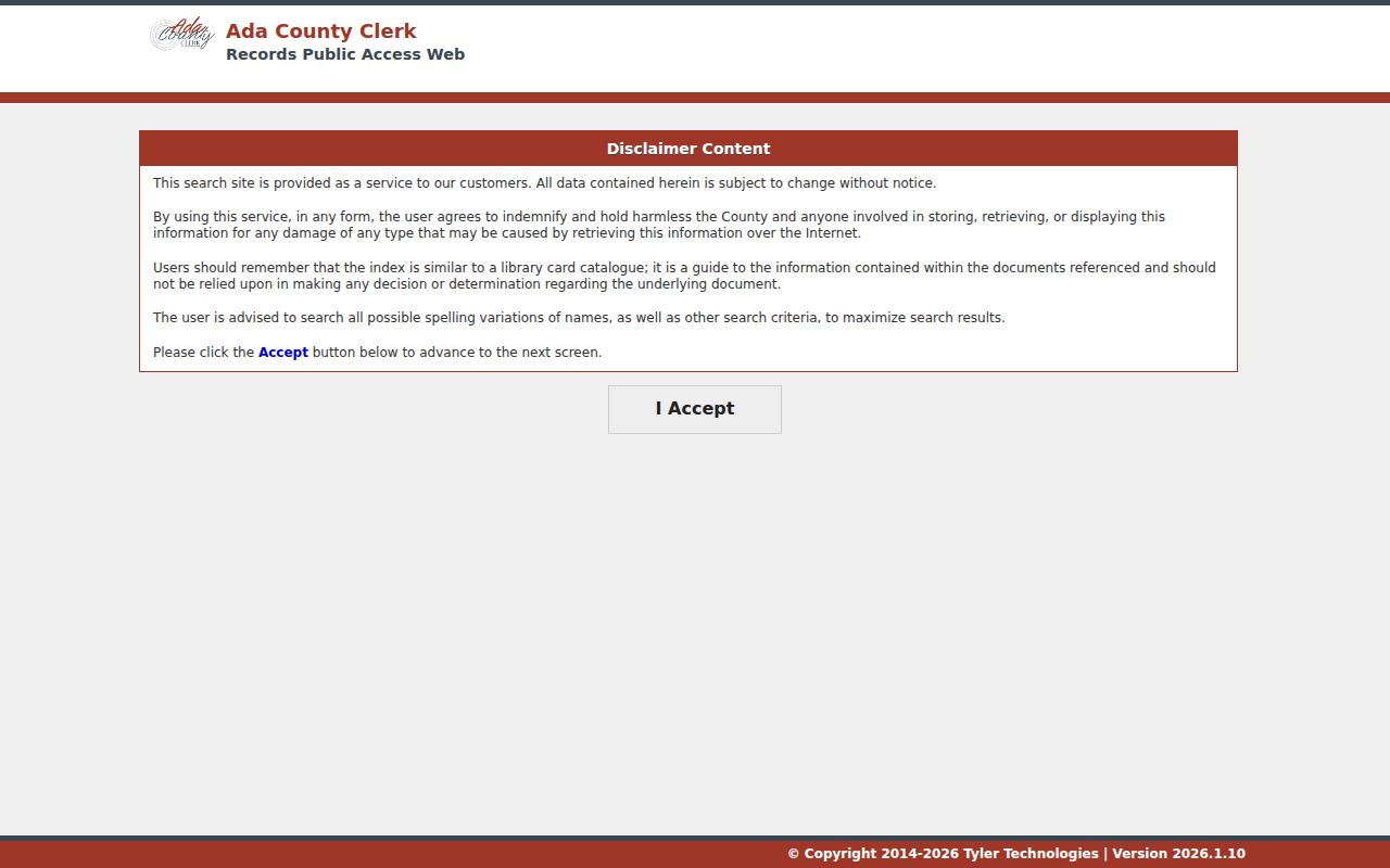 Ada County Recorder Tyler public access disclaimer for previous resident deed research