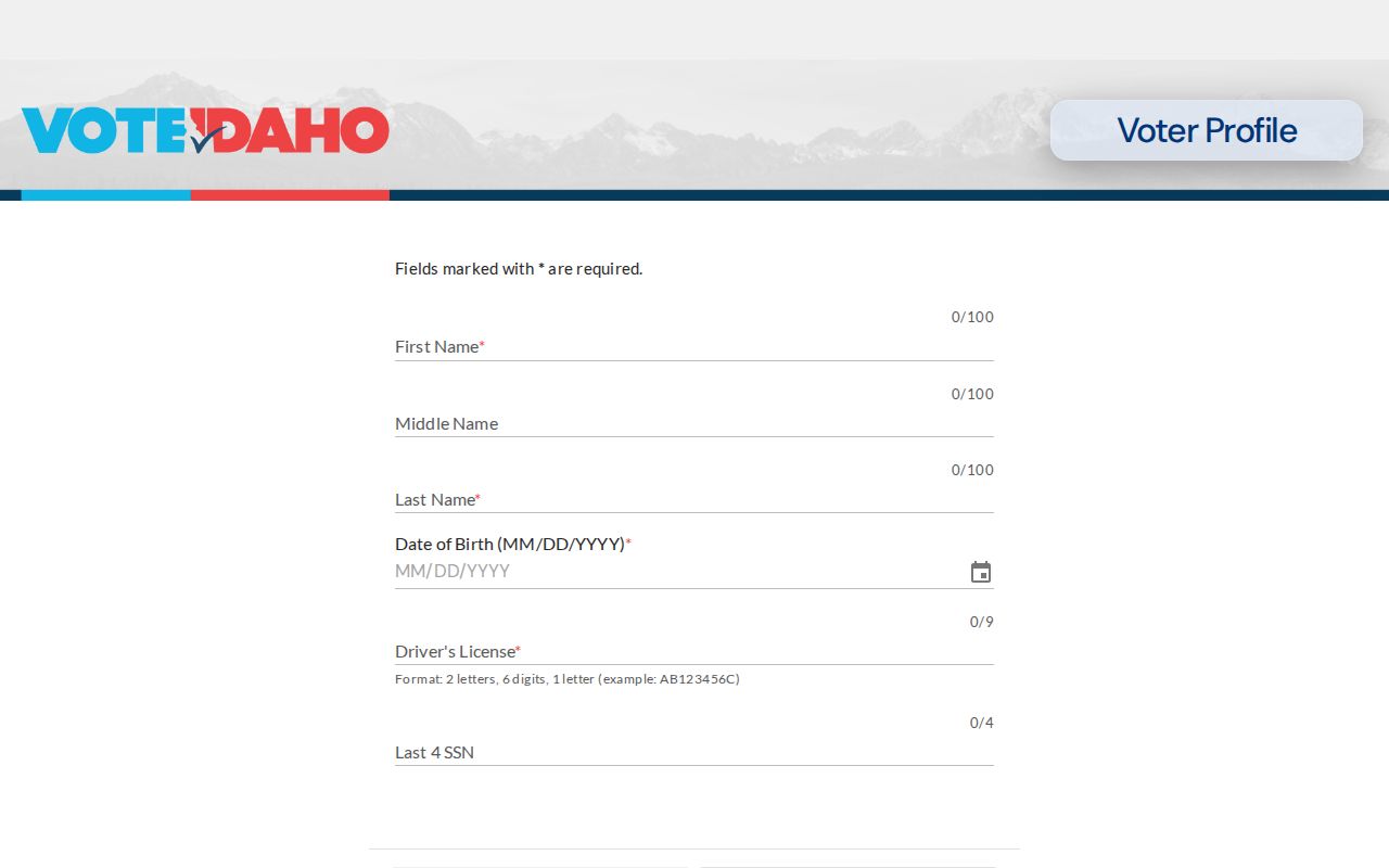 Idaho voter lookup form for an Ada County resident name and date of birth