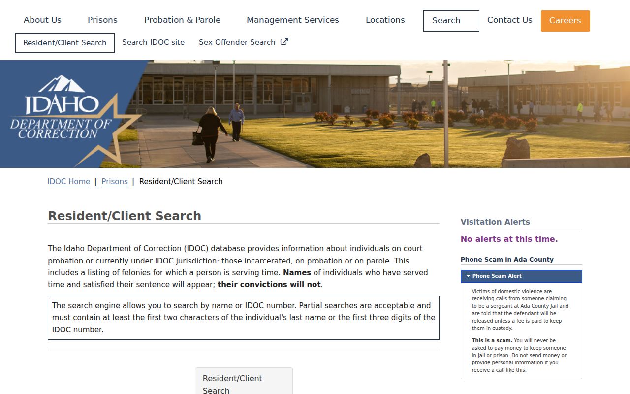 Idaho correction resident and client search fields for name or IDOC number
