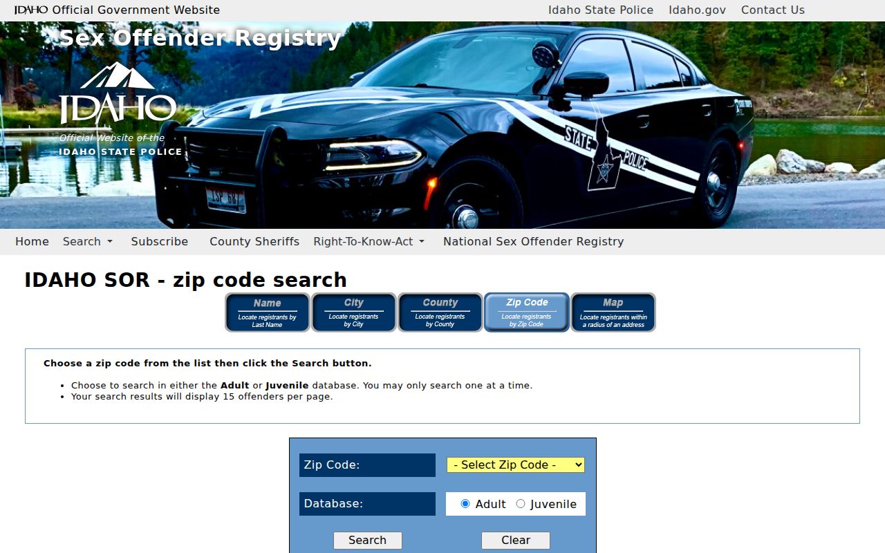 Idaho State Police registry ZIP search options and legal warning