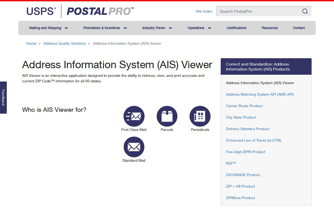 USPS AIS Viewer description for ZIP, city, county, and post-office data