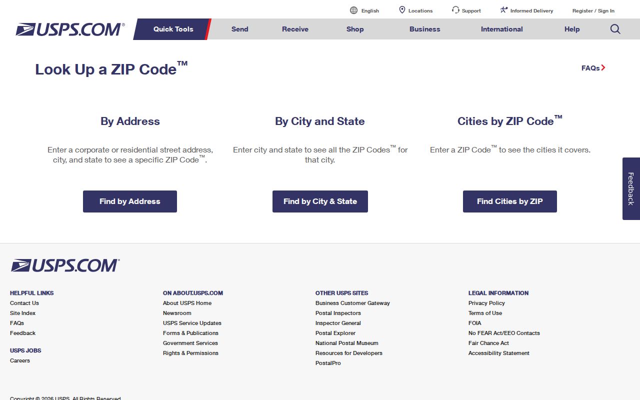 USPS ZIP lookup modes for address, city and state, and cities by ZIP